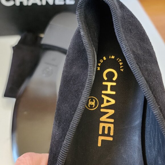 CHANEL Black Suede & Gold Cap Toe Ballet Flats - Size EU 37; Style # AG02819 - Picture 7 of 15
